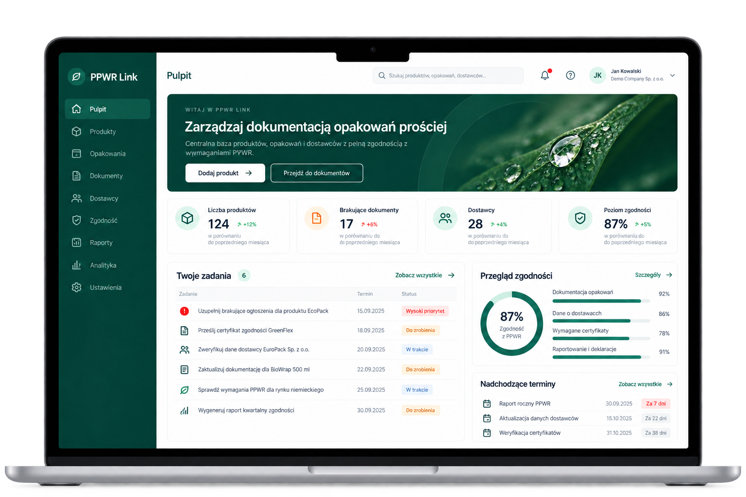 Illustrative PPWR Link dashboard mockup with catalog, tasks and documents
